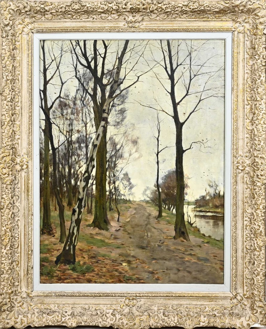 Bernardus Schregel, Sandy path with birch tree: Bernardus Schregel. 1870 - 1956. Sandy path with birch tree. Oil on canvas. Dimensions: H 80 x W 60 cm. In good condition.