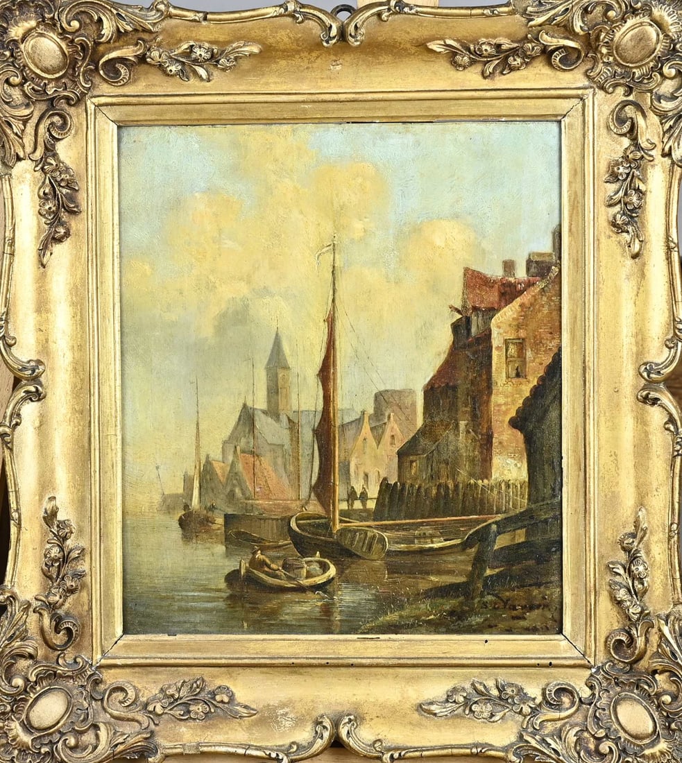 Unclear sign., Harbor view with boats and figures: Unclearly signed. 19th century. Harbour view with boats and figures. Oil on panel. Dimensions: H 25 x W 22 cm. In good condition.