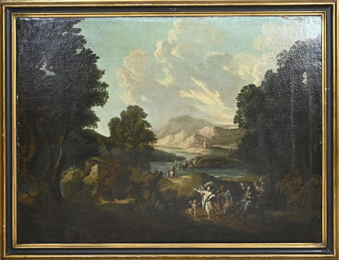 Italian School, Landscape with Saint, Angel and Followers: Italian School. 17th - 18th Century. Landscape with saint, angel and followers. Oil on linen + lining. Older restoration. Dimensions: H 73 x W 97 cm. In reasonable condition.