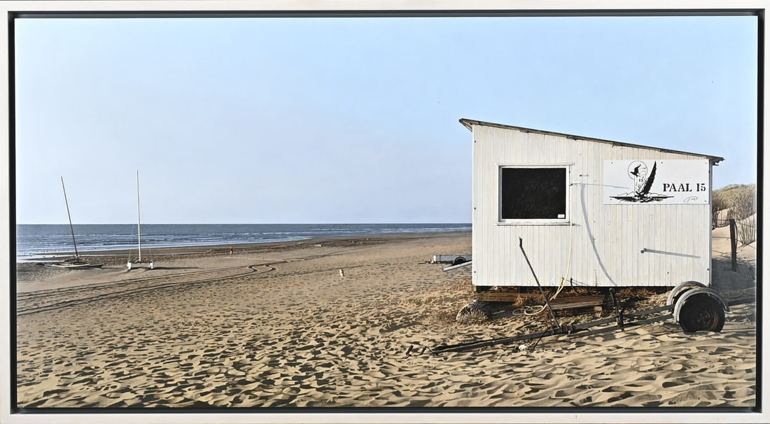 Peter vd Ploeg, Beach Terschelling: Peter van der Ploeg. 1954 - . Realistic painting. Beach Terschelling. Oil on panel. Dimensions: H 55 x W 105 cm. In good condition.