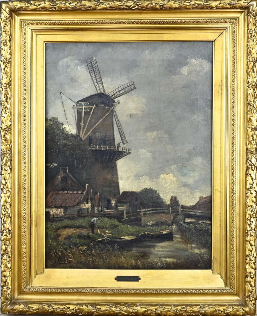 Jacob Kramer, Landscape with windmill: Jacob Kramer. 1892 - 1962. Landscape with windmill and figures. Oil on canvas. Minor damage. Dimensions: H 61 x W 44 cm. In reasonable/good condition.