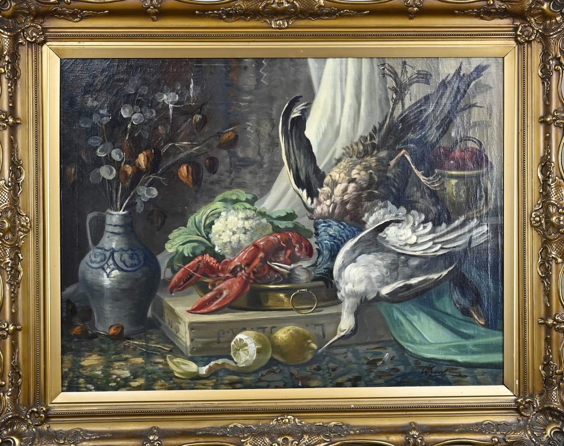 Wilhelm Hempfing, Still Life: Wilhelm Hempfing. 1886 - 1951. German School. Still life. Oil on canvas. Damaged. Dimensions: H 60 x W 80 cm. In reasonable condition.