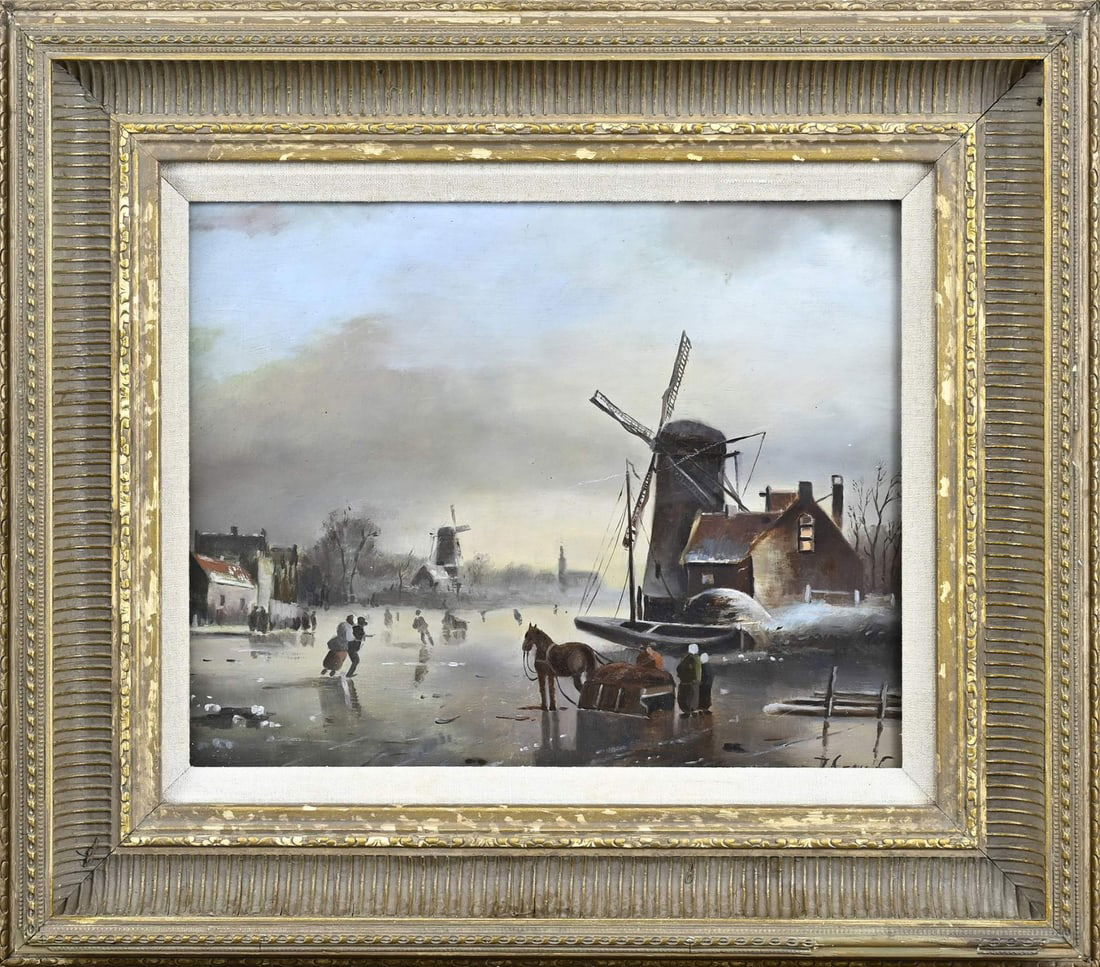 J. Greve Fecit, Winter landscape: J. Greve Fecit. 20th Century. Dutch winter scene with ice fun. Oil on panel. Dimensions: H 24 x W 30 cm. In good condition.