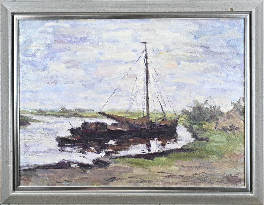 Cor Veenstra, Sailing boat on river: Cor Veenstra. 1889 - 1964 Almelo. Sailing boat in bay. Oil on canvas. Dimensions: H 50 x W 65 cm. In good condition.