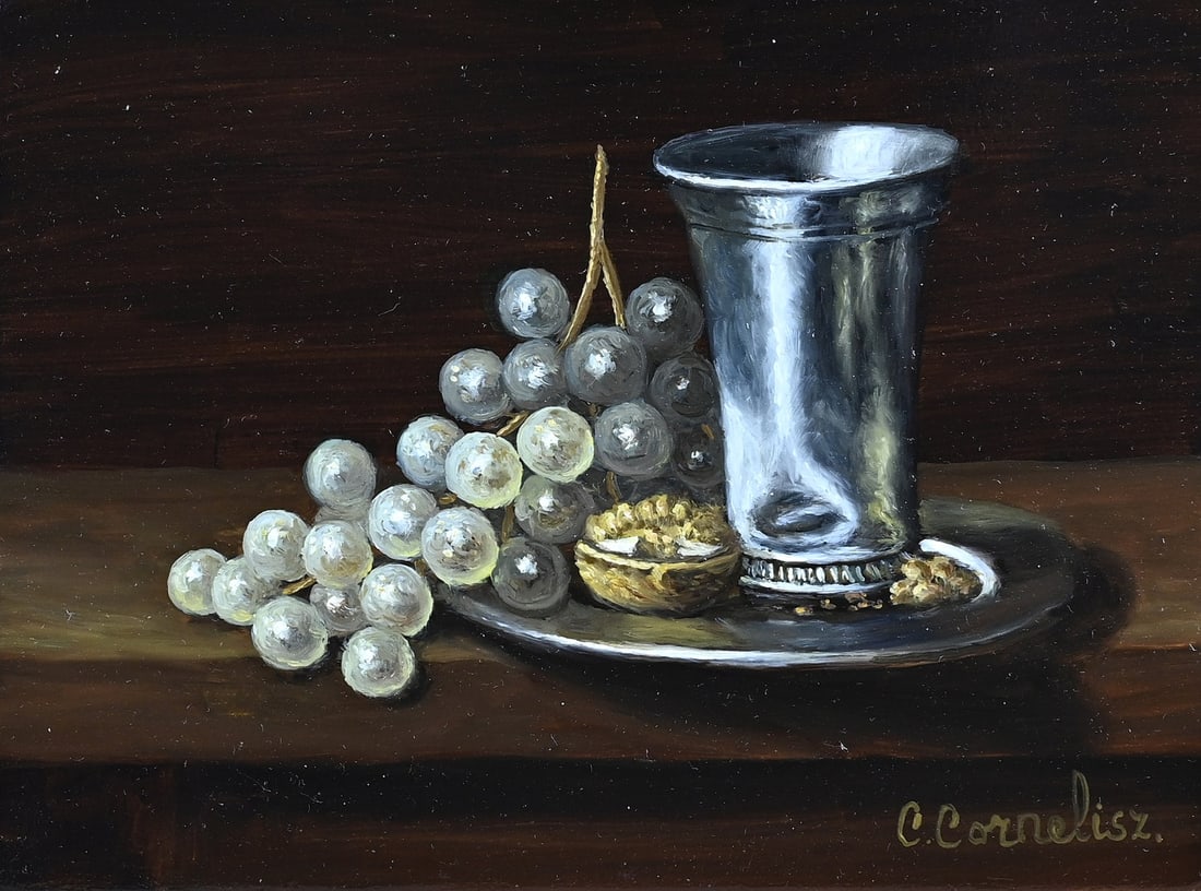 C. Cornelisz, Tin with grapes and pomegranate: C. Cornelisz. 21st Century. Still life with pewter cup, grapes and pomegranate. Oil on panel. Dimensions: H 13 x W 18 cm. In good condition.