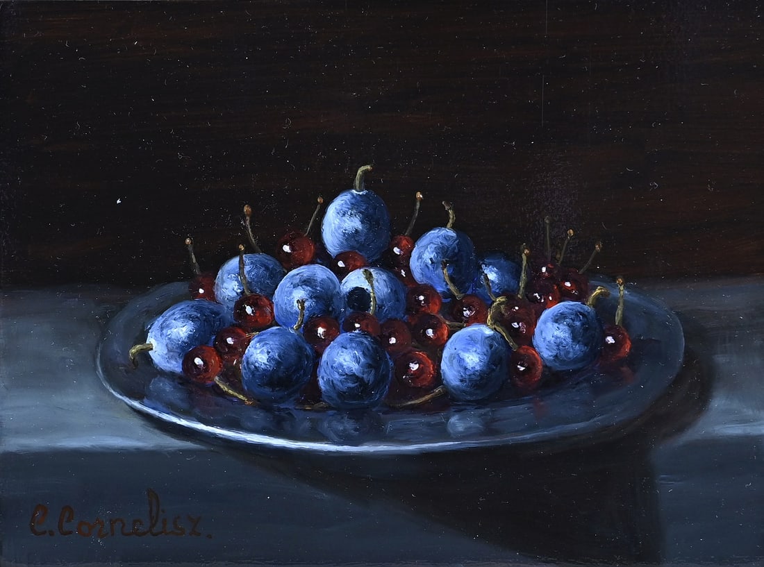 C. Cornelisz, Still life with blue/red berries: C. Cornelisz. 21st Century. Still life with blue/red berries. Oil on panel. Dimensions: H 13 x W 18 cm. In good condition.