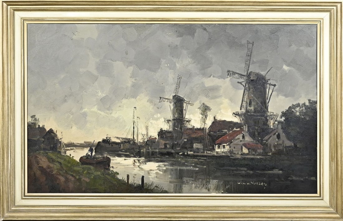 Wim van Norden, River view with windmills: Wim van Norden. 1883 - 1978. River view with windmills. Oil paint. Dimensions: H 60 x W 100 cm. In good condition.