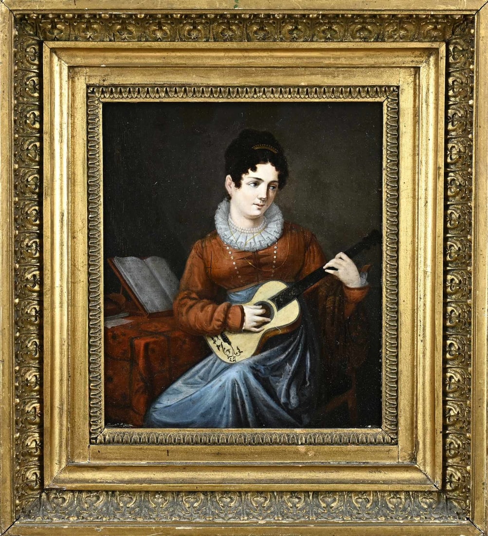 Unsigned, Spanish lady with guitar: Unsigned. 19th century. Spanish lady with guitar. Retouches. Oil on panel. Dimensions: H 27 x W 23 cm. In fair/good condition.