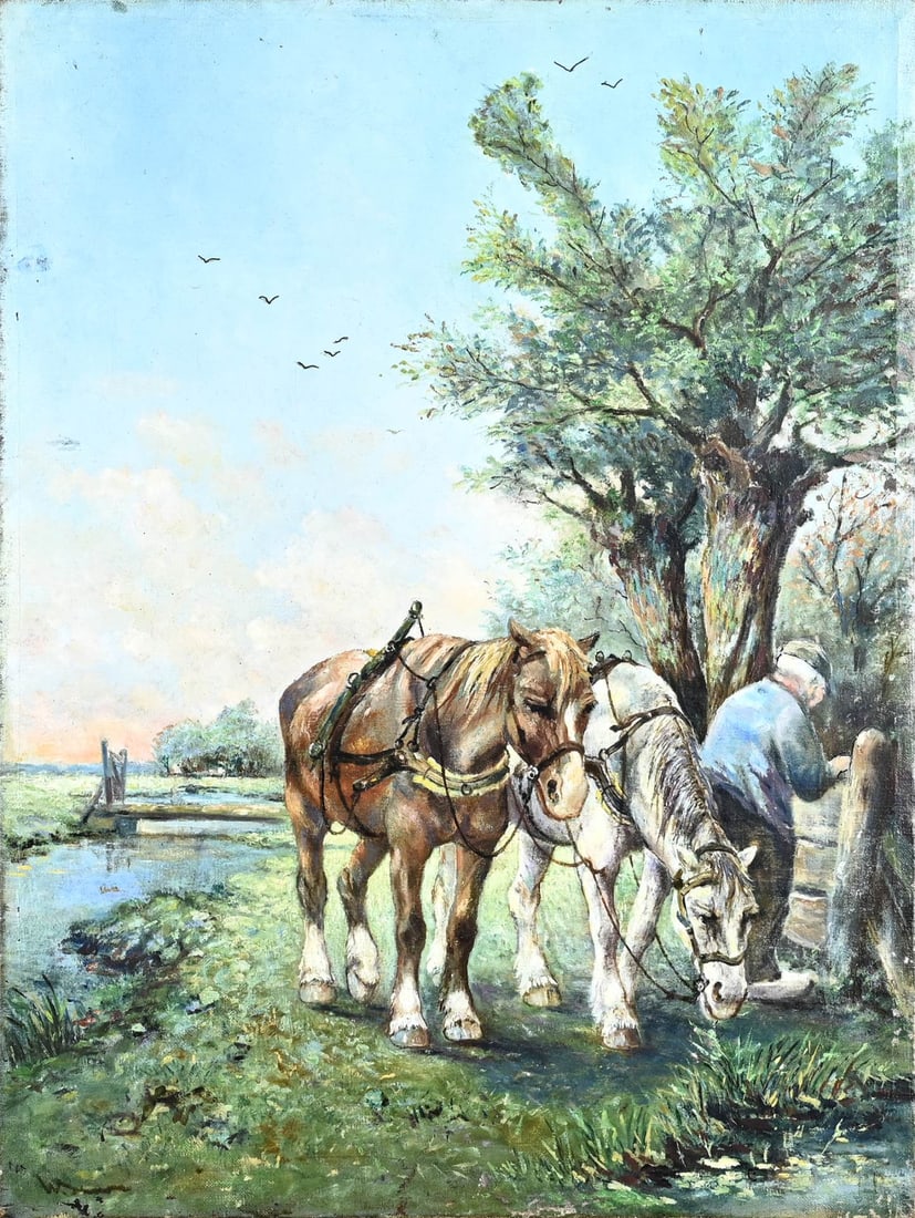 Unclear sign., Farmer with two horses: Unclearly signed. Circa 1900. Farmer with two horses. Oil on canvas. Dimensions: H 60 x W 45 cm. In fair condition.