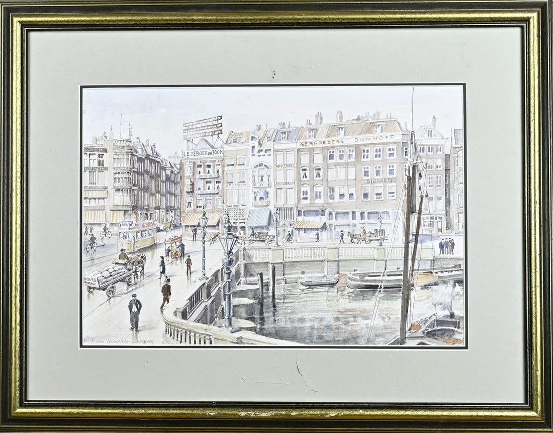 Monogram LS, Mussel Stairs/Main Street Rotterdam: Monogram LS Hollandse School. Circa 1930. Rotterdam, Mosseltrap/Hoofdsteeg with figures. Watercolour on paper. Dimensions: H 35 x W 50 cm. In good condition.