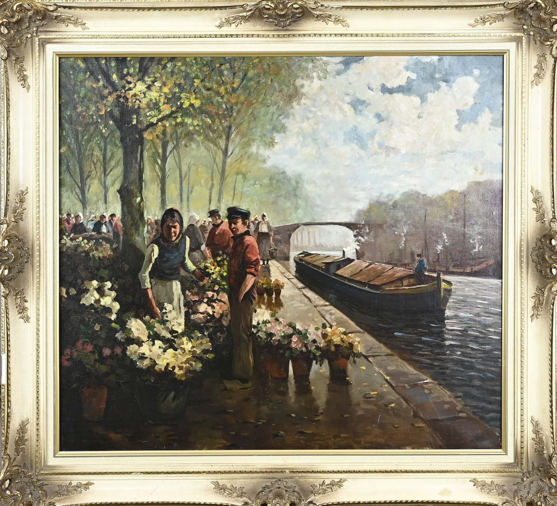 Unclear, Flower Market: Unclear. 20th Century. Flower market with figures. Oil on canvas. Dimensions: H 70 x W 80 cm. In good condition.