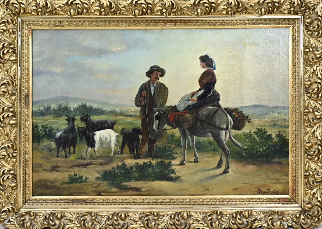 Unclearly signed, Farmer on donkey with shepherd: Unclearly signed. Circa 1880. Peasant woman on donkey with shepherd. Oil on canvas. Dimensions: H 60 x W 92 cm. In reasonable condition.