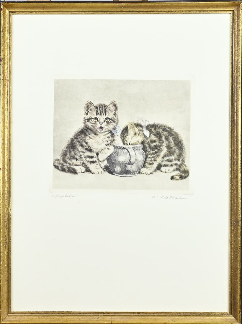 Meta Plückebaum, Naschkatzen: Meta Pluckebaum. 1876 - 1945. German School. Title: Naschkatzen. Etching on paper. Dimensions: H 21 x W 25 cm. In good condition.