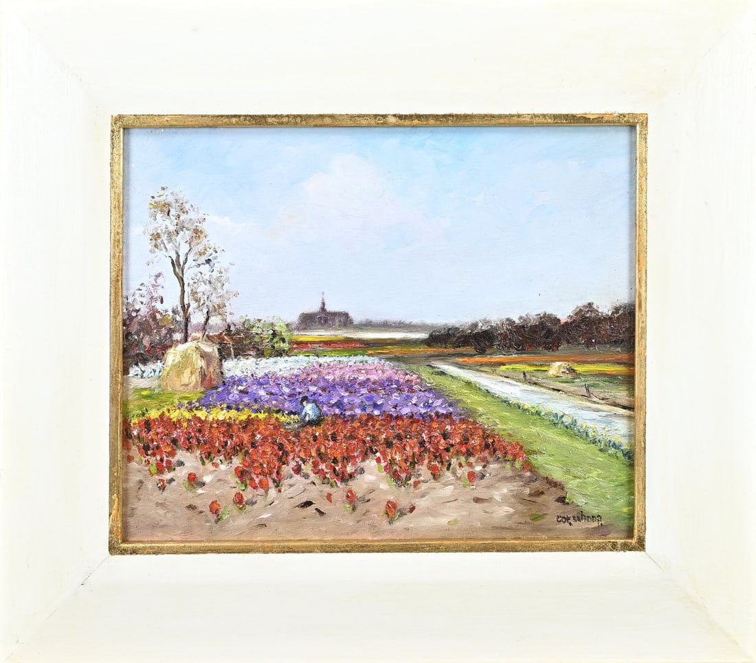 Cor Schaap, Bulb Field: Cor Schaap. 21st Century. Flower bulb field. Oil on canvas. Dimensions: H 24 x W 30 cm. In good condition.