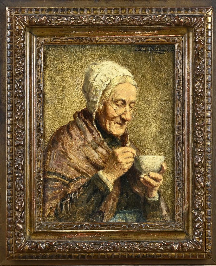 W. van Nieuwenhoven, Tea-drinking woman: Willem van Nieuwenhoven. 1879 - 1973. Tea-drinking woman. Oil on panel. Dimensions: H 25 x W 18 cm. In good condition.