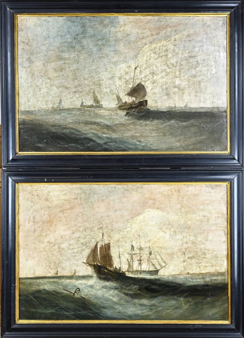 Pendant, Ships at sea: Pendant. Signed? Circa 1900. Ships at sea. Oil on canvas. Marouflé. Dimensions: H 47 x W 75 cm. In reasonable condition.