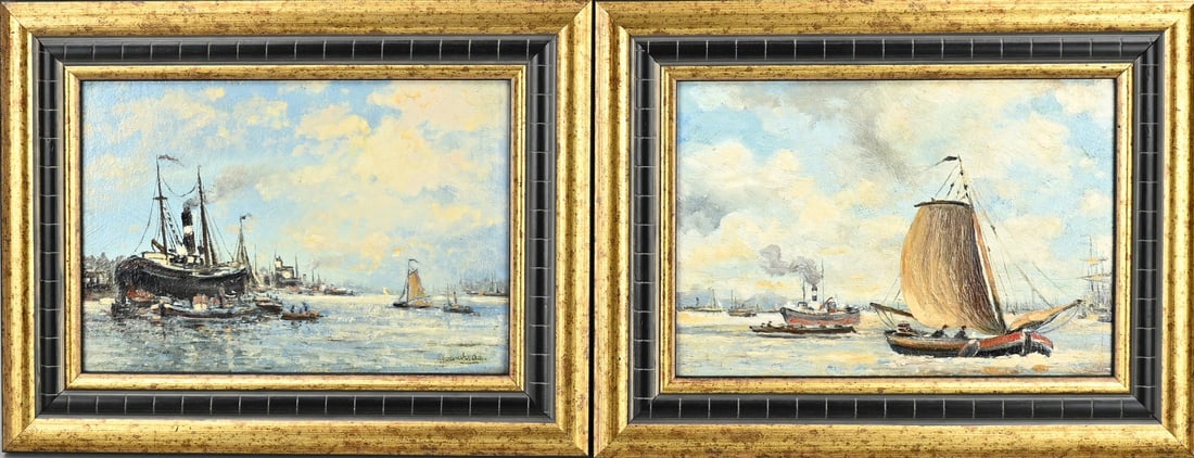 Pendant CJ v/d Aa, 2x Harbor view Middelburg: Pendant CJ van der Aa. 1883 - 1950 Almelo. Two harbour views Middelburg. Oil on panel. Dimensions: H 19 x W 27 cm. In good condition.