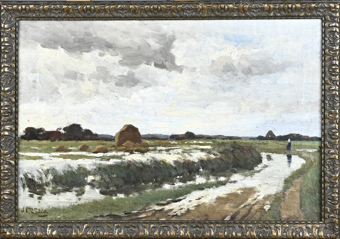 WJ Schütz, Farmer along a stream: WJ Schütz. 1854 - 1933. Farmer's wife by the stream. Oil on canvas. Dimensions: H 35 x W 50 cm. In good condition.