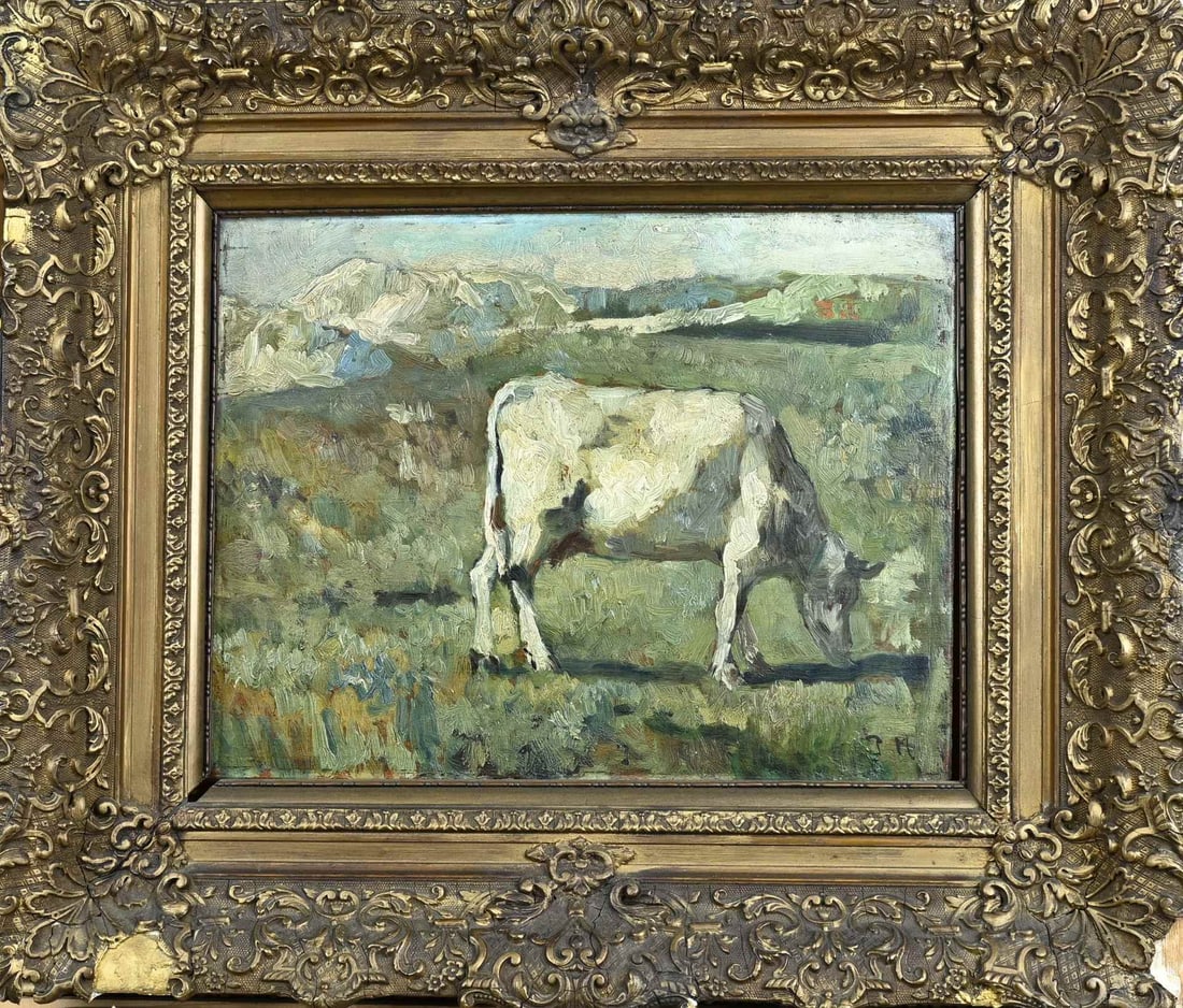 Monogram PM Cow in dunes: Monogram PM 19th Century. Cow in the dunes. Oil on panel. Dimensions: H 32 x W 42 cm. In good condition.