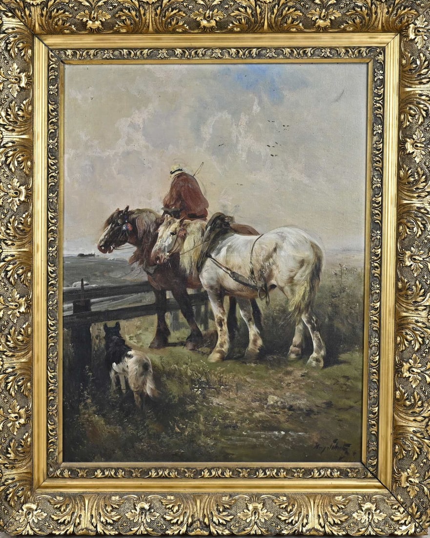 Henry Schouten, Farmer with draft horses and dog: Henry Schouten. 1857 - 1927. Belgian School. Farmer with draft horses and dog. Oil on canvas. Dimensions: H 81 x W 61 cm. In good condition.