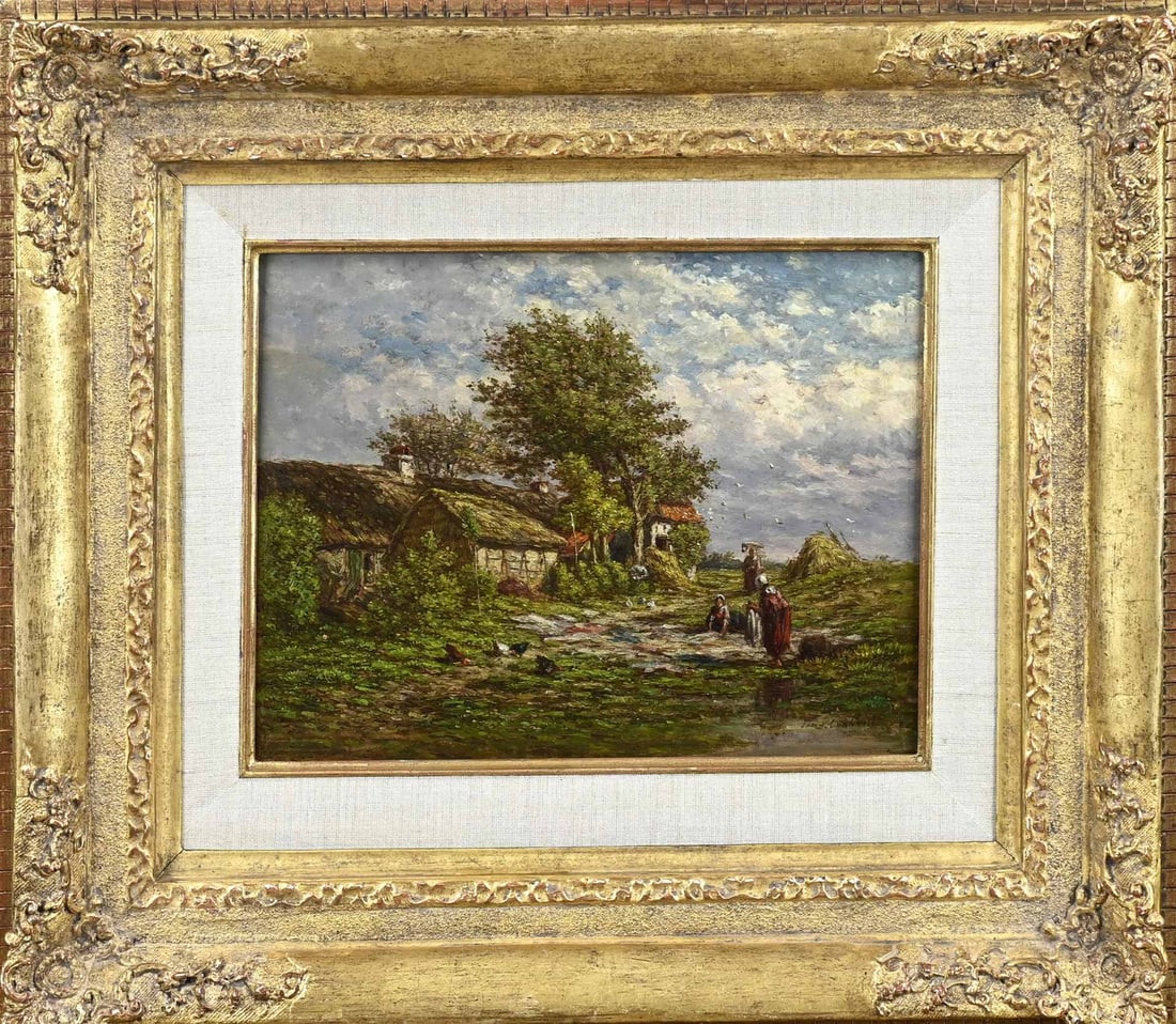 Jan van Lokhorst, Farm with farm workers and chickens: Jan van Lokhorst. 1837 - 1924. Farm with farm workers and chickens. Oil on panel. Dimensions: H 19 x W 24.5 cm. In good condition.