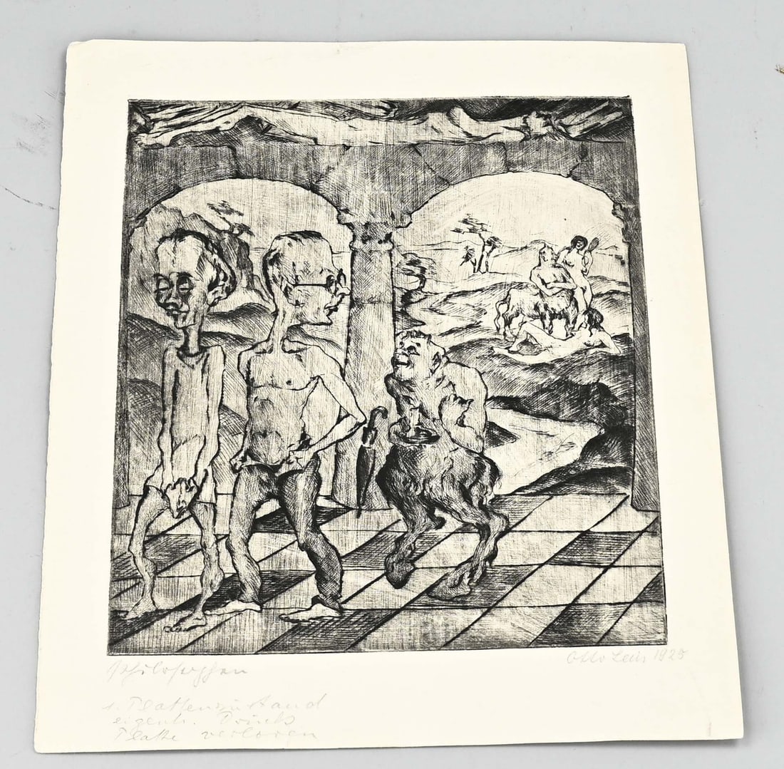 Otto Lais, Philosopher of Philosophy: Otto Lais, 1925. 1897 - 1988. German School. Figures with Satir (philosophenpfau). Dimensions: H 31.5 x W 25 cm. In good condition.