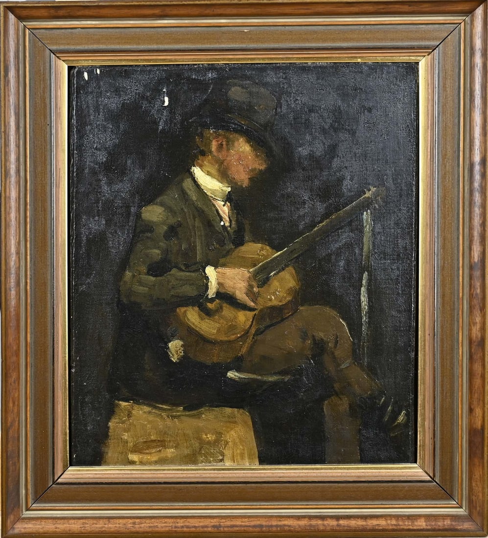 Unsigned, Man with guitar: Unsigned. Dutch School. Circa 1900. Man with guitar. Oil on canvas. Marouflé. Dimensions: H 34 x W 31 cm. In reasonable/good condition.