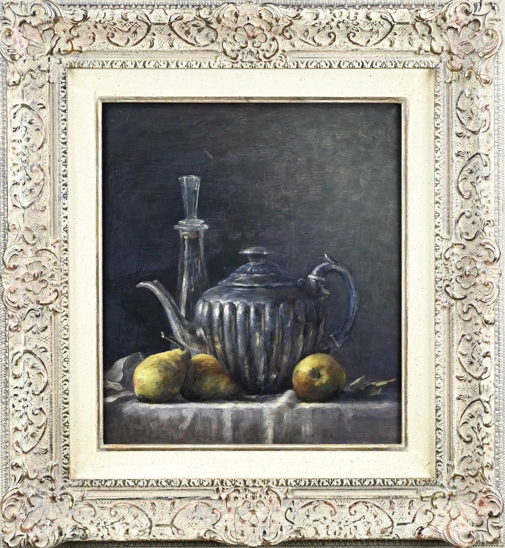 Ad de Roo, Still life with fruit and teapot: Ad de Roo. 1959 - . Still life with fruit and teapot. Oil on panel. Dimensions: H 40 x W 35 cm. In good condition.
