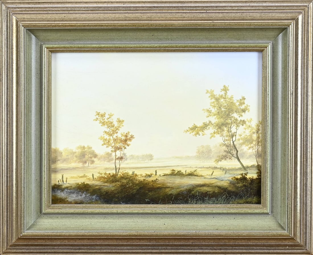 Paul Wieggers, Detailed landscape with morning mist: Paul Wieggers, 1962. Detailed landscape with morning mist. Oil on panel. Dimensions: H 18 x W 24 cm. In good condition.