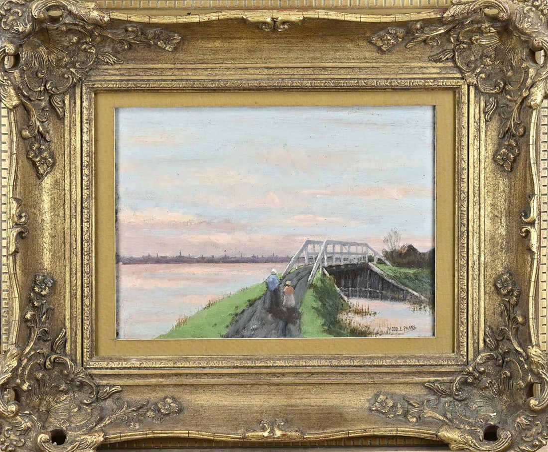 Jacob E. Paans, Landscape with bridge and figures: Jacob E. Paans. 1876 - 1972. Landscape with bridge and figures. Oil on cardboard. Dimensions: H 30 x W 40 cm. In good condition.