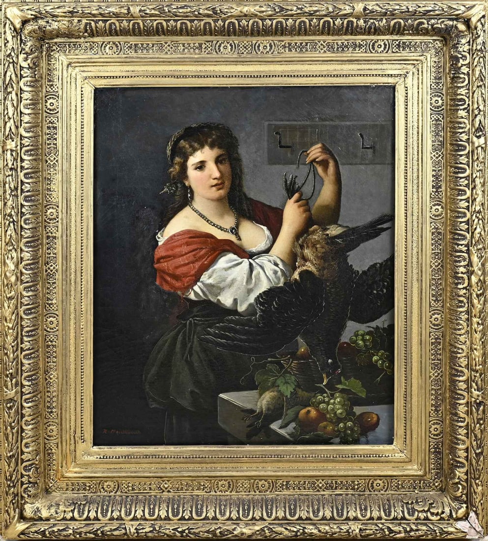 R. Heidland, French peasant woman with poultry: R. Heidland. 19th century. French peasant woman with poultry. Restoration. Dimensions: H 80 x W 63 cm. In reasonable condition.
