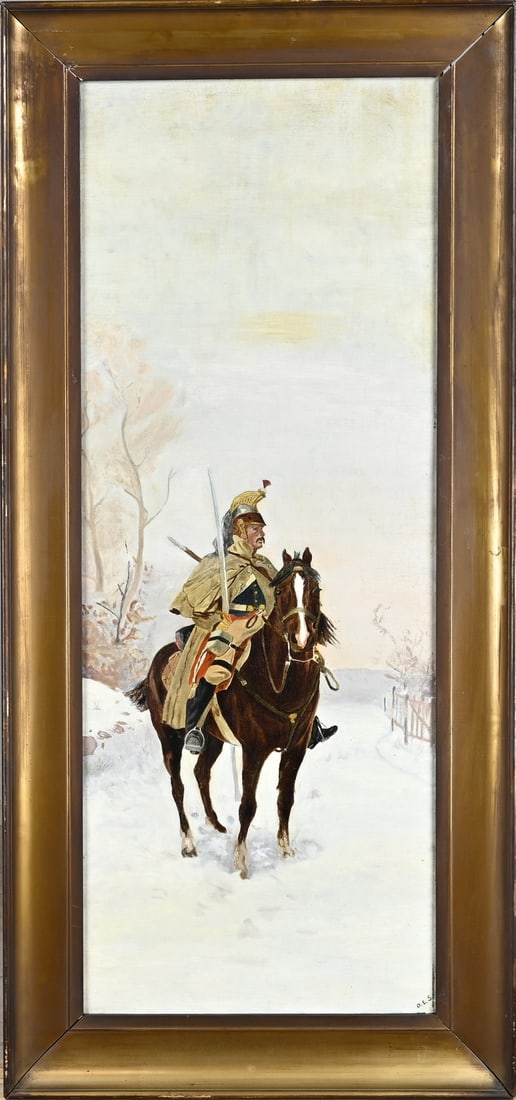 Monogram, Prussian soldier: Monogram, DES Circa 1890. Germany. Prussian soldier in the snow. Oil on canvas. Dimensions: H 95 x W 36 cm. In good condition.