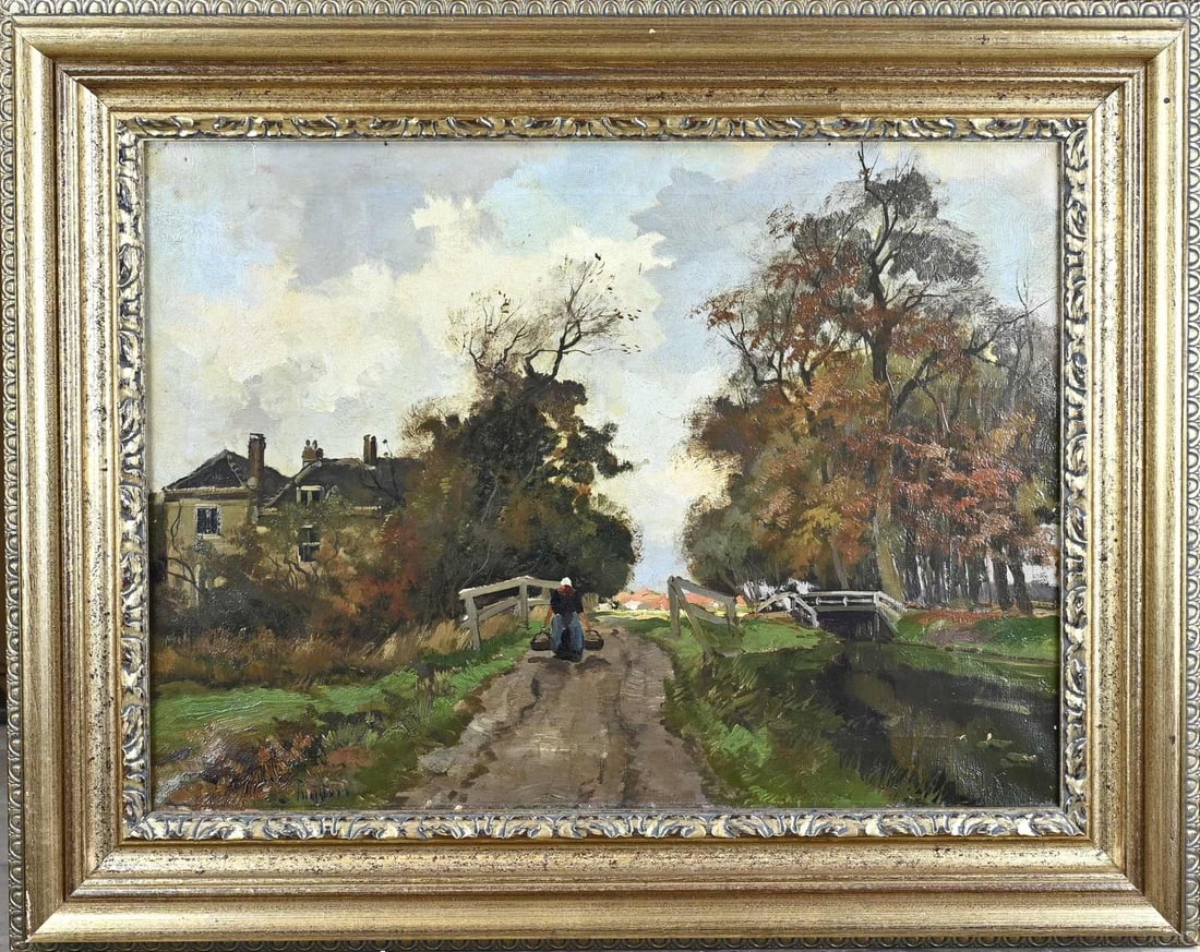 Unclear/Hoogstra? Dutch landscape: Unclear/Hoogstra? Circa 1900. Dutch landscape with farmer. Oil on canvas. Dimensions: H 50 x W 60 cm. In good condition.