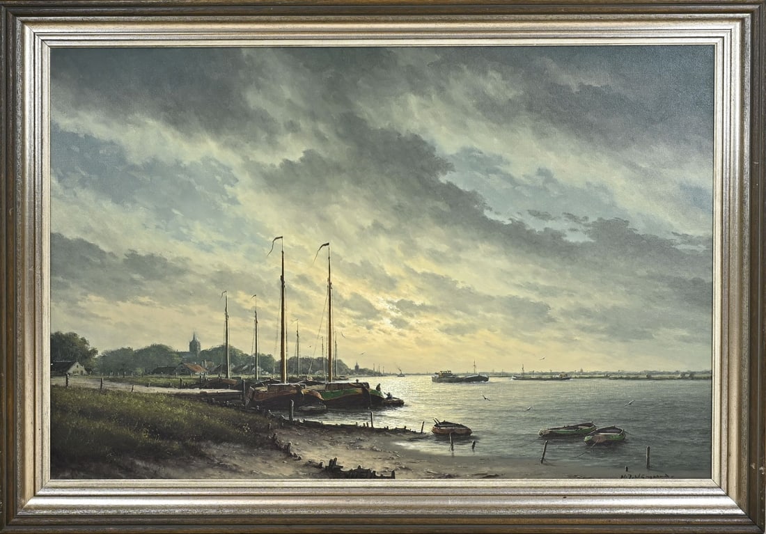 Vineyard, Shipping on the IJssel: Herman Jozef Wijngaard. 1922 - 2012. Shipping on the IJssel at sunset. Oil on canvas. Dimensions: H 80 x W 120 cm. In good condition.