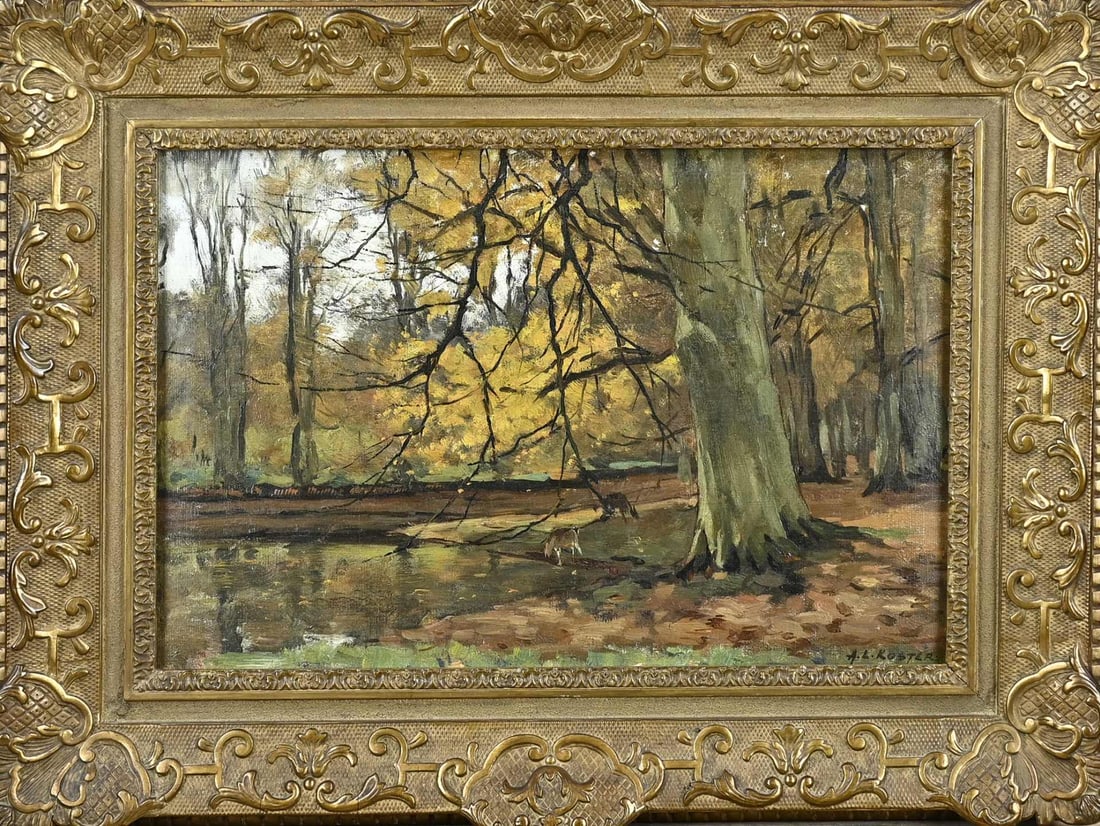 AL Koster, Forest view with fen: AL Koster. 1859 - 1937. Forest view with fen. Oil on linen. Marouflé. Dimensions: H 30 x W 43 cm. In good condition.