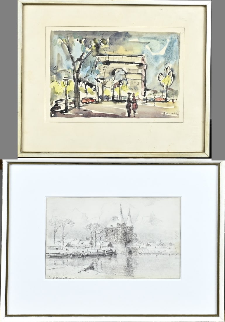 2x Work on paper, Arc de Triomphe + Winter harbour: Two works on paper. 1x Unclearly signed, Arc de Triomphe, watercolour. 1x Jan Hollestelle, 1914, Winter harbour, drawing. Size: 20 - 22 cm. In good condition.