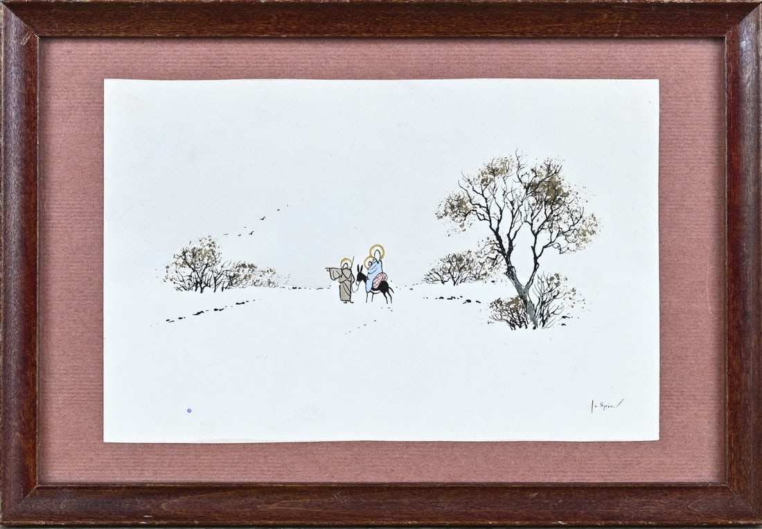 Jo Spier, Religious representation (Mary on mule): Jo Spier. 1900 - 1978. Religious representation of Mary on mule. Mixed media on linen. Dimensions: H 11.5 x W 18 cm. In good condition.