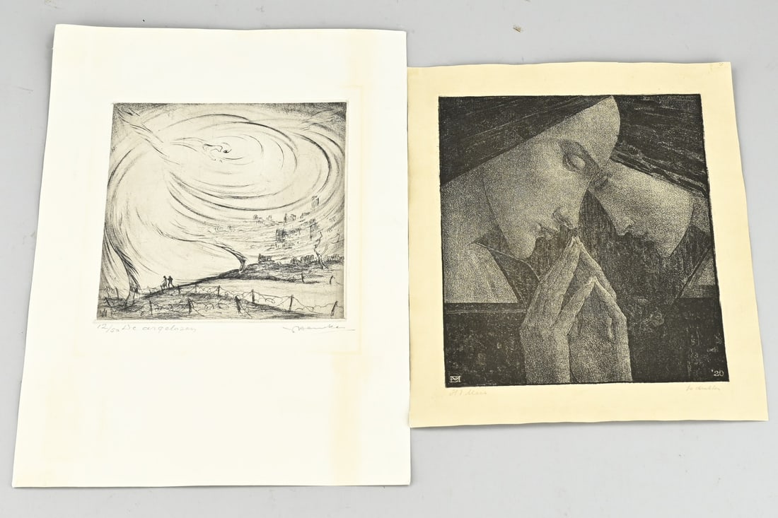 2x Dutch graph: 2x Dutch graphics. 1x Unclear, no. 12/50, the innocent. 1x Praying women, HE Mees, 1920. Etchings on paper. Size: 27 - 34 cm. In good condition.