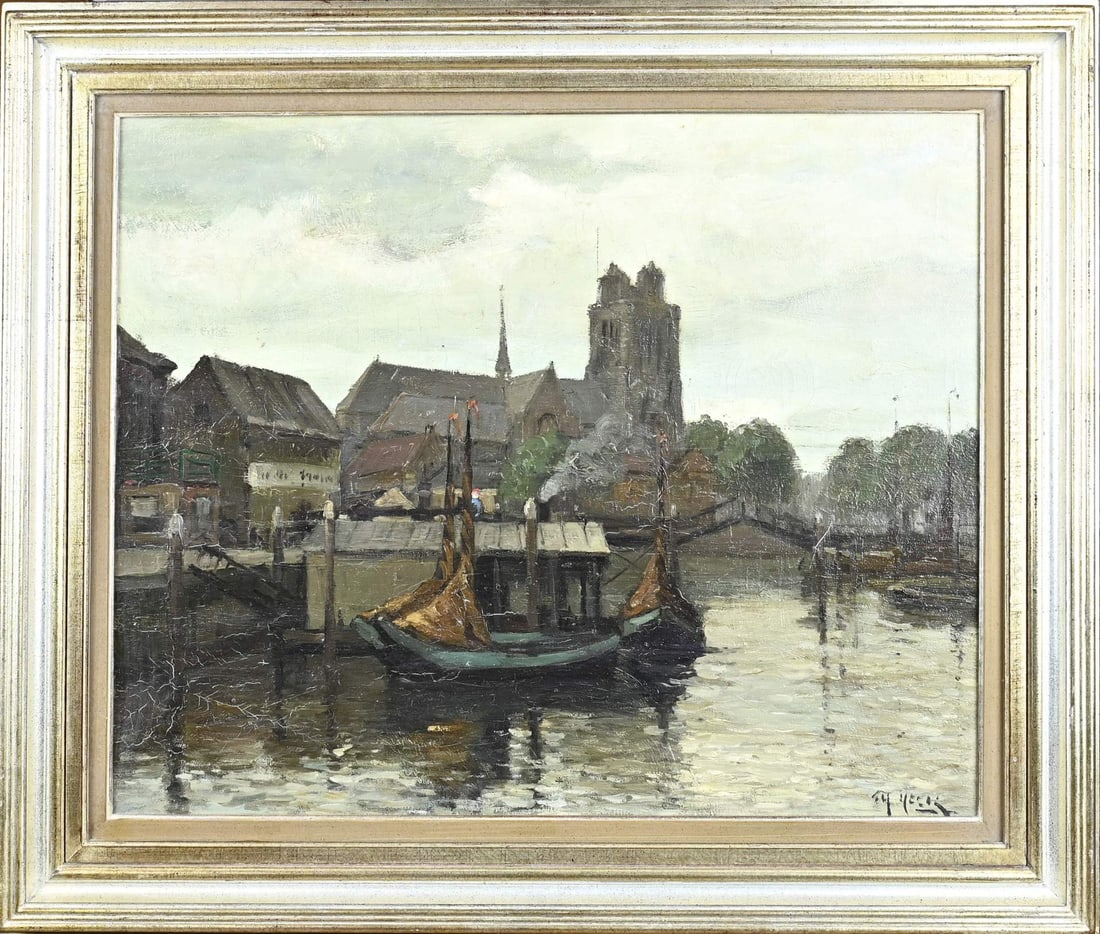 Unclear sign., Port of Dordrecht: Thomas van Heck (1910 - 2006), first half of the 20th century, Dordrecht harbour. Oil on canvas. Dimensions: H 55 x W 60 cm. In reasonable condition.