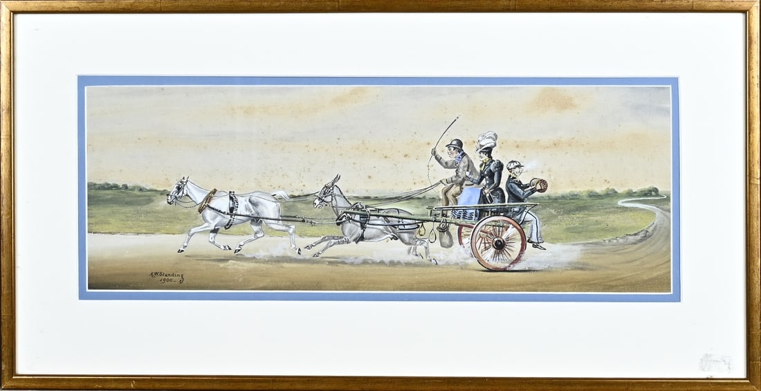 HW Standing, Figures on horse-drawn carriage: HW Standing. 1900. Figures on horse-drawn carriage. Watercolour on paper. Moisture stains. Dimensions: H 19 x W 52 cm. In reasonable condition.