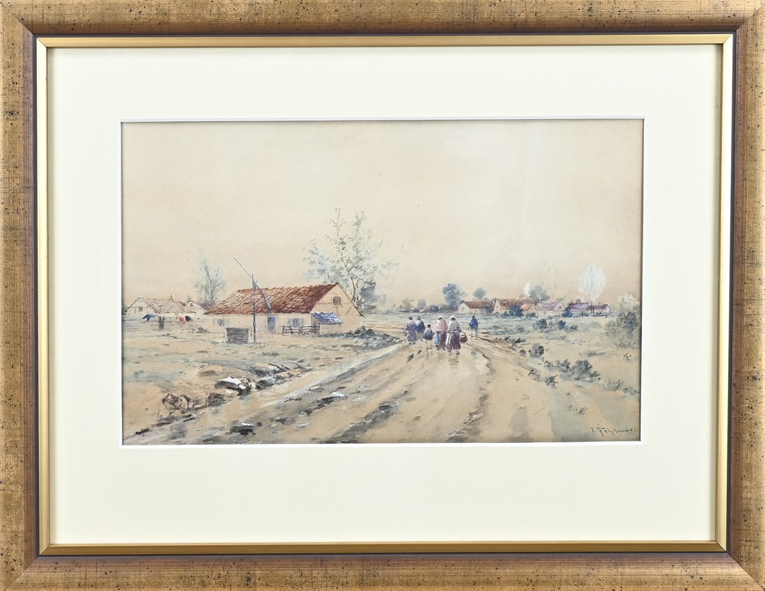 E. Fehdmer, Landscape with peasant people: E. Fehdmer. 1846 - 1918. Landscape with peasant people. Watercolour on paper. Dimensions: H 25 x W 40 cm. In good condition.