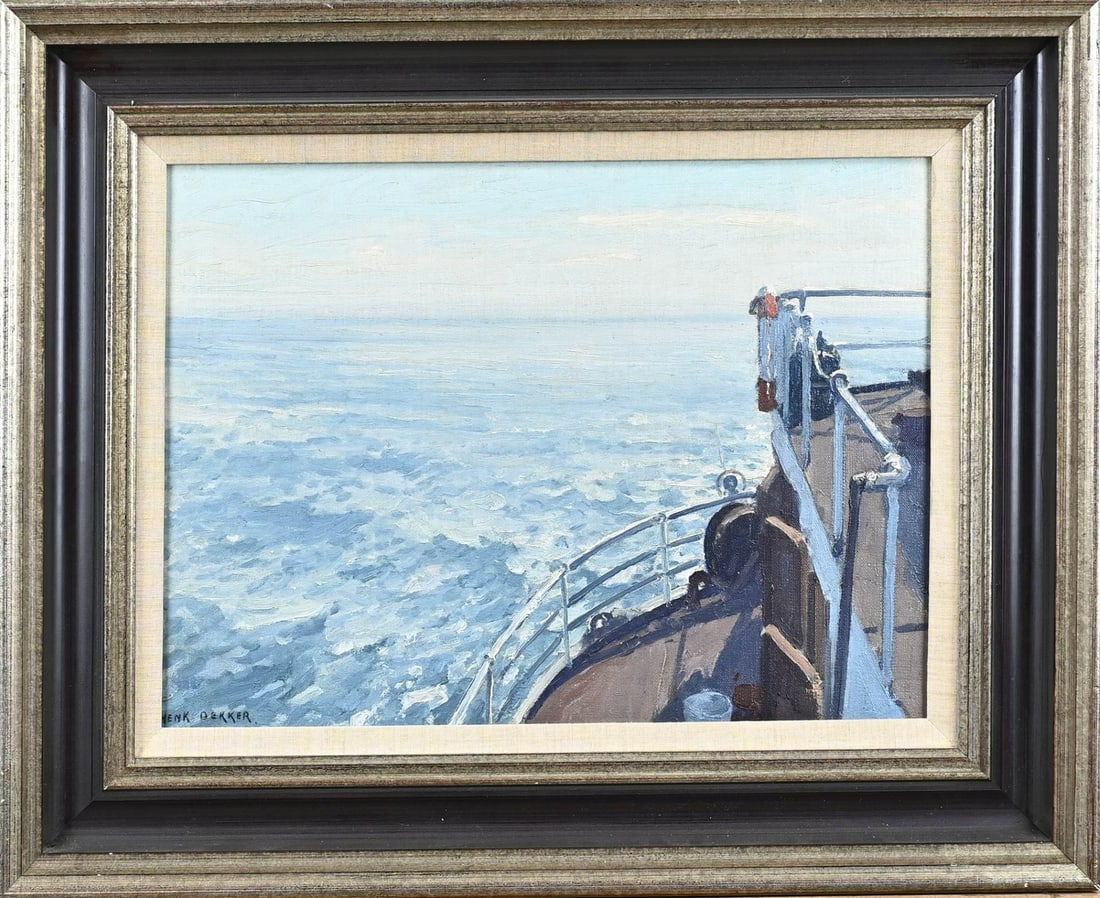 Henk Dekker, Seascape: Henk Dekker. 1897 - 1974. Seascape from the bow of a ship. Oil on canvas. Marouflé. Oil on canvas. Dimensions: H 30 x W 40 cm. In good condition.