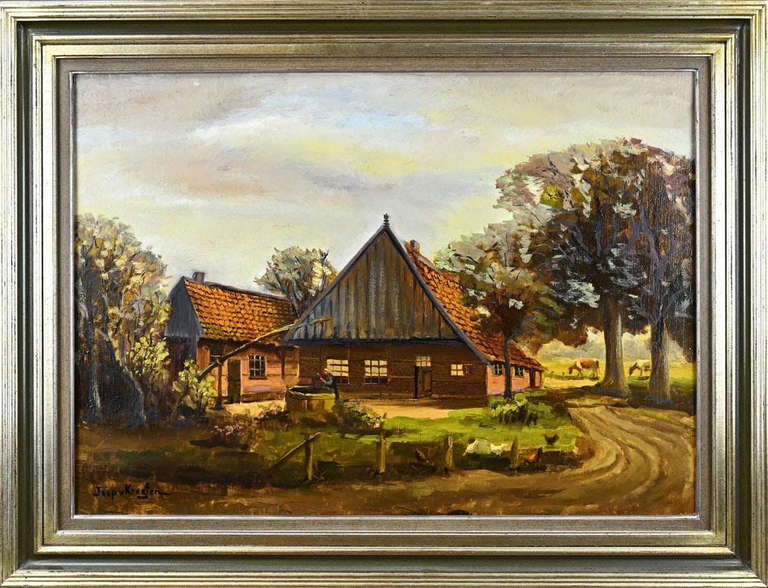 Jaap van Kregten, Twente farm: Jaap van Kregten. Twente farm with farmer's wife at water well. Oil on canvas. Dimensions: H 50 x W 70 cm. In good condition.