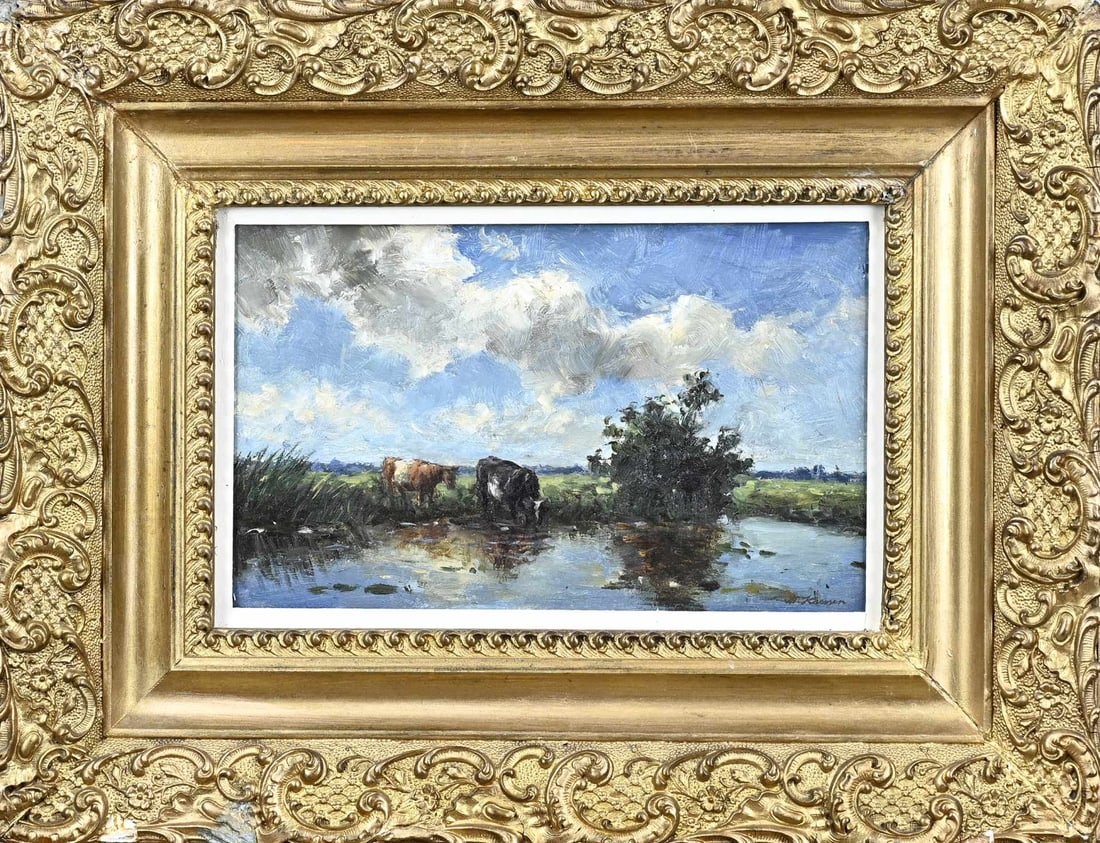 Anton Karssen, Landscape with cows at a watering place: Anton Karssen. 1945 - 2019. Dutch, Hague School. Landscape with cows at a watering place. Oil on panel. Dimensions: H 16 x W 25 cm. In good condition.