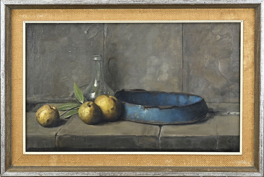 JC Nachenius, Still life: JC Nachenius. 1890 - 1987. Still life with enamel, glass and apples. Oil on canvas. Dimensions: H 30 x W 50 cm. In good condition.