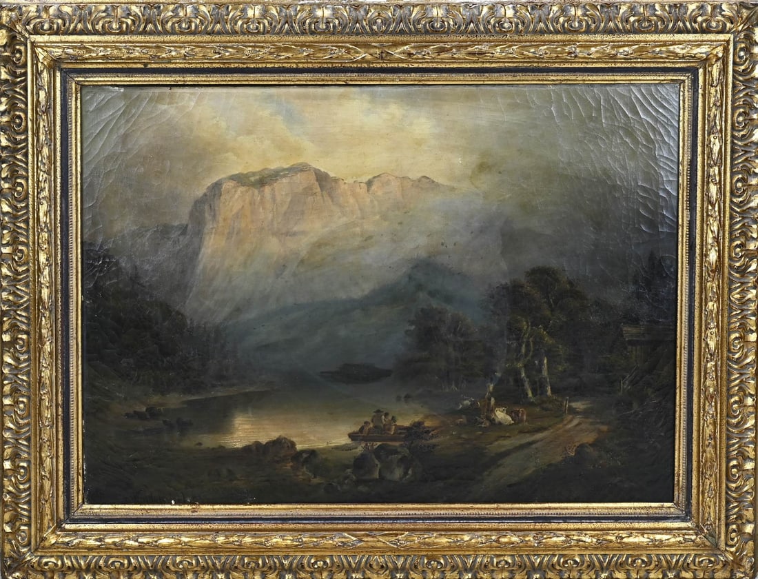 Whathow? Mountain landscape with cattle and figures in boat.: Wathow? 1887. German School. Mountain landscape with cattle and figures in boat. Oil on canvas. Dimensions: H 64 x W 87 cm. In reasonable condition.