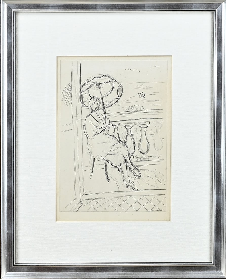 Henri Matisse, Woman with Parasol on Balcony: Henri Matisse. 1869 - 1954. Woman with parasol on balcony. Lithograph on paper. Dimensions: H 26 x W 18 cm. In good condition.
