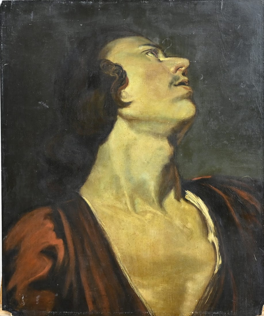 After Rubens, Portrait of a Gentleman: Portrait of a man after Rubens. Circa 1900. St. Jean d'evangelicte. Unclear monogram. Oil on panel. Dimensions: H 45 x W 44.5 cm. In good condition.