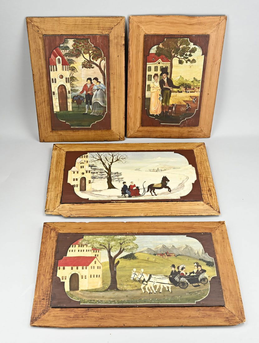 4x Painted panel, 1900: Four antique painted panels with South German scenes. Circa 1900. Size: 42 - 53 cm. In good condition.
