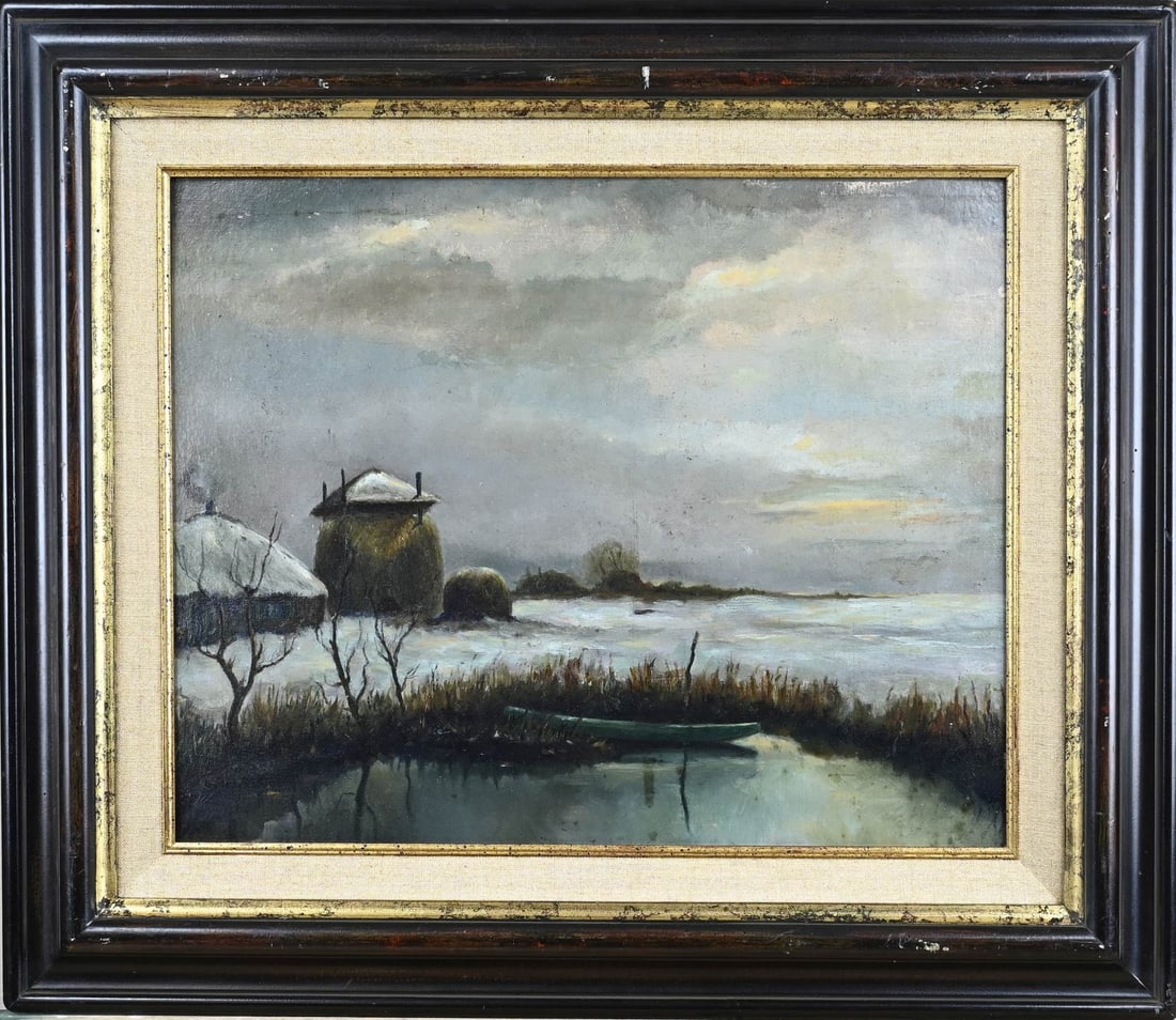 Verso Horstman, Winter landscape: Verso Horstman. Winter landscape with hayloft. Oil on canvas. Marouflé. Dimensions; H 40 x W 50 cm. In good condition.
